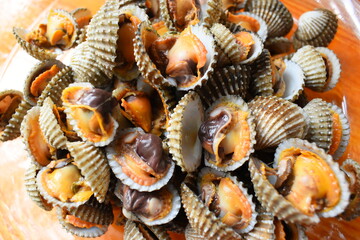 ripe fresh cockle on plate, delicious food in restaurant