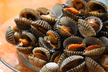 ripe fresh cockle on plate, delicious food in restaurant