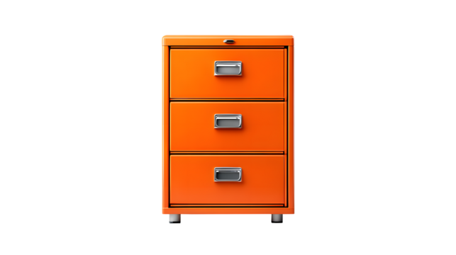 A vibrant orange filing cabinet with three drawers stands out