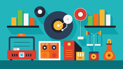 Obraz premium A music museum featuring exhibits on both vinyl history and the evolution of modern music technology. Vector illustration
