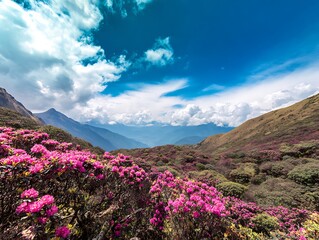 Obraz premium Vivid rhododendron blooms cover rolling hills beneath a bright blue sky in remote Asia