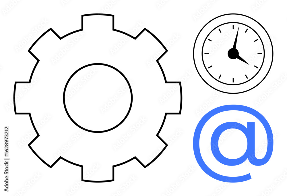 Poster large gear, analog clock, and email icon in simple style emphasizing productivity, time management, 