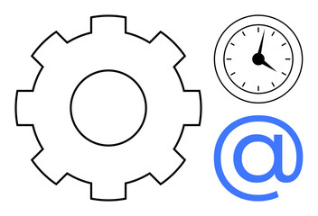 Large gear, analog clock, and email icon in simple style emphasizing productivity, time management, efficiency. Ideal for workflow, teamwork, scheduling, technology success communication simple