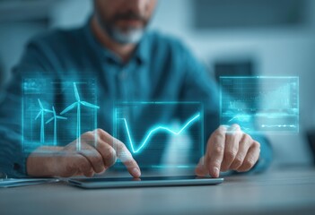 Engineer interacts with tablet showing wind turbine data and graphs