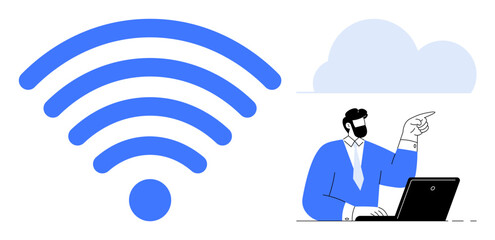 Large blue wireless signal next to cloud graphic and professional pointing while working on laptop. Ideal for technology, digital communication, network, cloud storage, internet, online work, simple