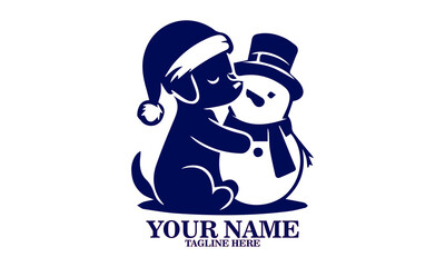 illustration golden retriever dog wearing a santa hat hugs a huge snowman, illustration vector golden retriever dog and santa hat hugs a huge snowman and logo design