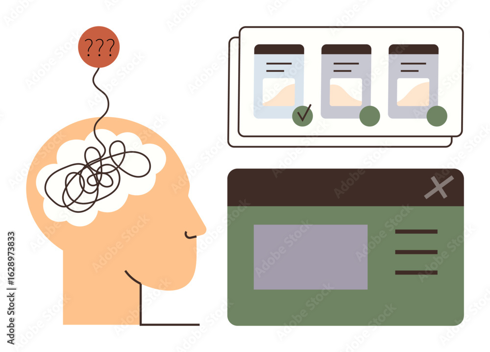 Poster human head with messy thoughts and question mark represents confusion. digital interface with option