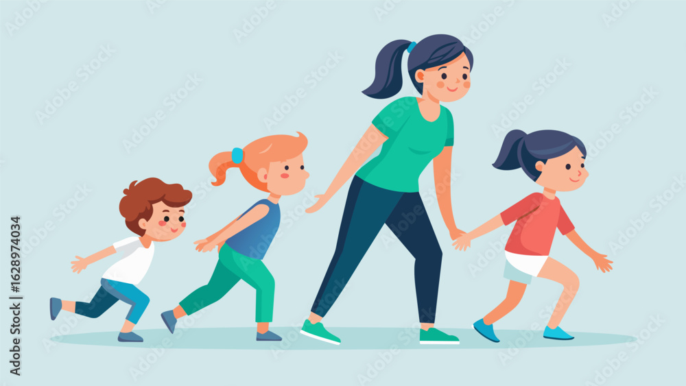 Poster a family with children of different ages completing a follow the leader stretching routine with the 
