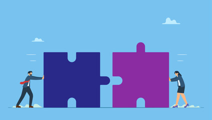 Business people connecting jigsaw puzzle. Jigsaw puzzle connection, teamwork partnership to help solve problem or challenge, cooperation or brainstorm to fit and match jigsaw pieces.