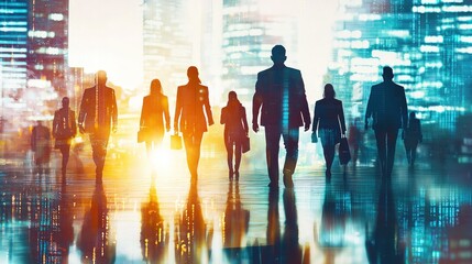 Group of business people outlines with lit background . Mixed media