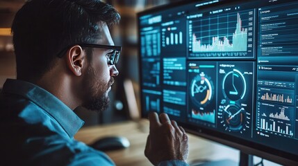Man look at the dashboard with graphs and charts. Concept of data management system,