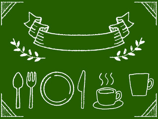 黒板にチョークで描いたカフェのお皿やコーヒーカップのイラスト素材　手書きのシンプルおしゃれなデザイン