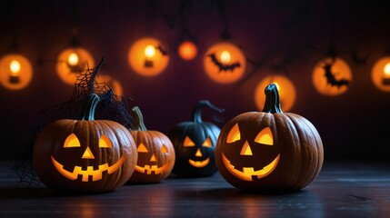 Spooky jack o lanterns glow in the dark halloween night