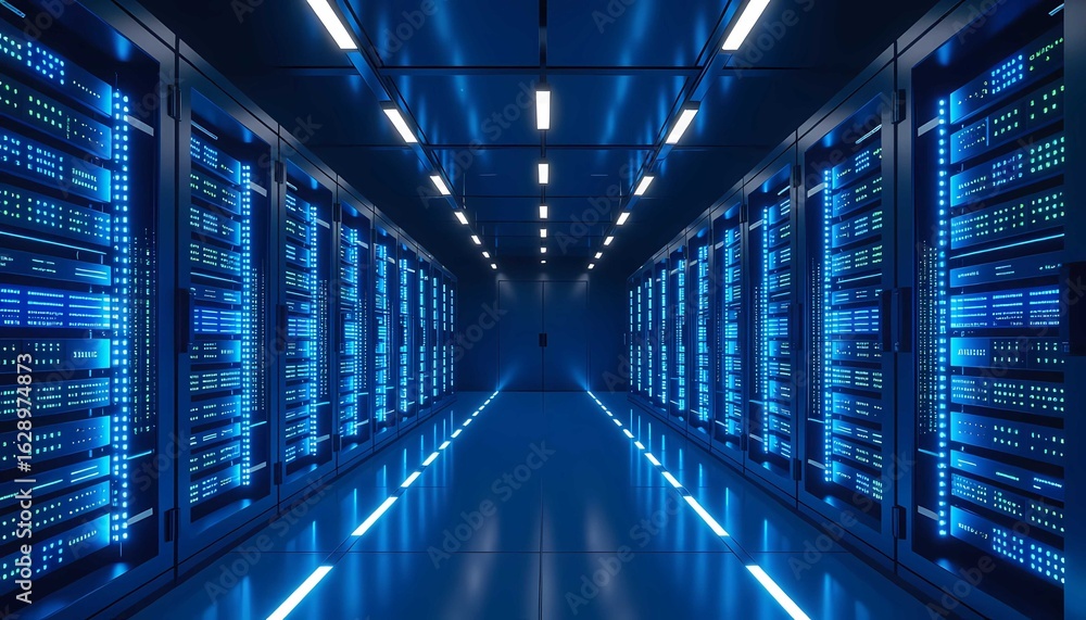 Poster futuristic server room showcasing cloud computing and digital infrastructure technology