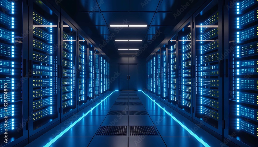 Poster modern data center with server racks and glowing led lights