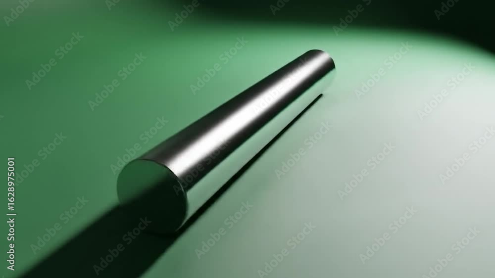 Poster metallic cylinder on green surface: abstract 3d render with dynamic lighting