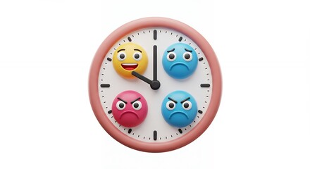 Clock face with colorful emojis representing time management emotions