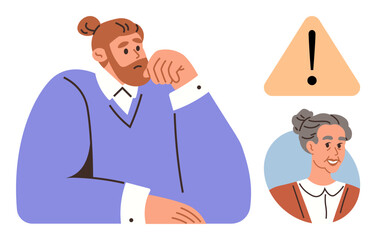 Man in blue sweater resting chin on hand, older woman s portrait enclosed in circle, caution sign. Ideal for communication, advice, decision-making, caregiving, relationships, responsibilities