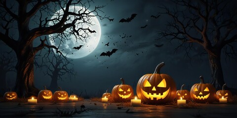 Fototapeta premium Spooky halloween night with jack o lanterns and bats under a full moon