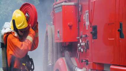 Banner Firefighter Rescue team training in fire fighting. Panorama Teamwork Firefighter fighting...