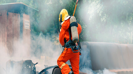 Banner Firefighter Rescue team training in fire fighting. Panorama Teamwork Firefighter fighting...