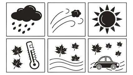 Six stylized weather icons including rain sun wind thermometer and car cloud