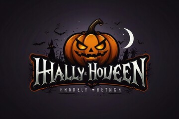 Spooky halloween pumpkin with crescent moon and bats