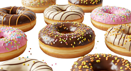 Assorted doughnuts with colorful glaze and sprinkles, ideal for bakery and snack menu design - Isolated White Background