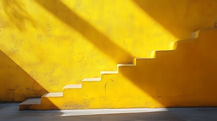 Vibrant yellow architectural scene: yellow walls and stairs in sunlight with sharp-edged shadows, modern abstract minimalist style, textured details and orange-yellow tones