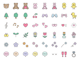 かわいいアイコンセットのベクターイラスト。飾り、ハート、くま、うさぎ、ひよこ、リボン