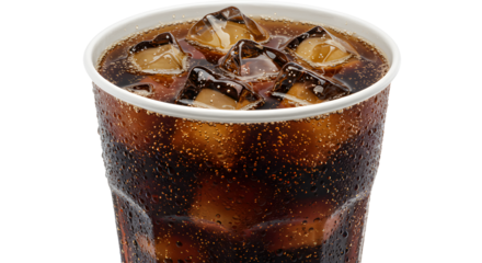 Close-up of a glass of cola with ice cubes, suitable for beverage advertisements and refreshment marketing - Isolated White Background