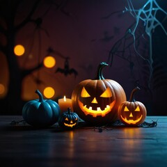 Spooky halloween pumpkins illuminated in a dark cobwebbed setting