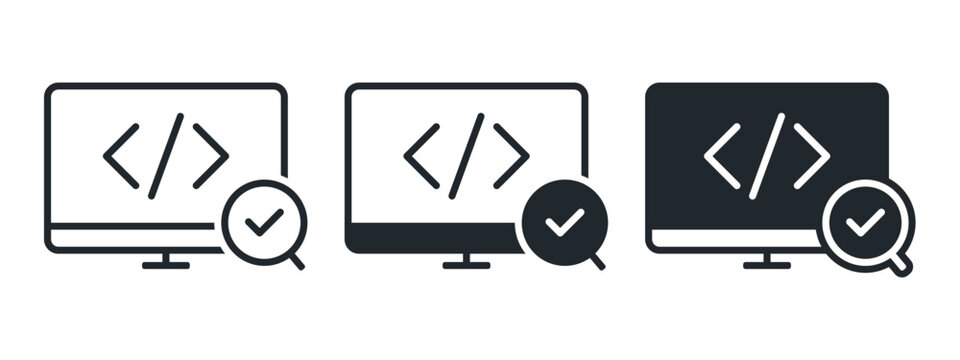 Computer coding with magnifying glass and checklist icon. Illustration vector