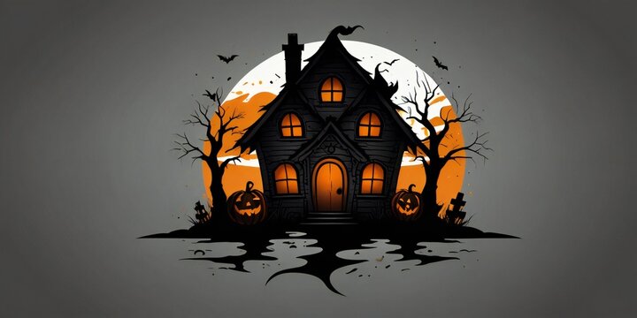 Spooky halloween haunted house silhouette under a full moon