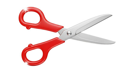 Red handled scissors with shiny metal blades isolated on transparent background