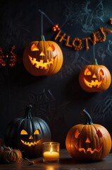 Spooky halloween pumpkins glow with candlelight and festive decor