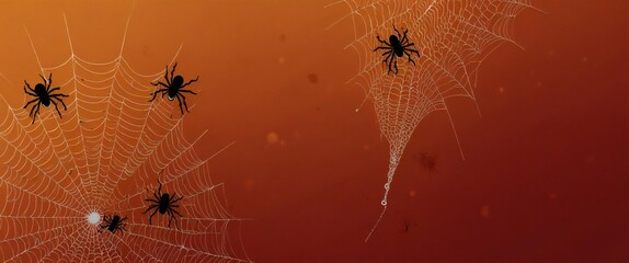 Spiders and intricate webs on a warm orange background