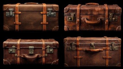Four antique brown leather suitcases with straps and aged metal clasps on black