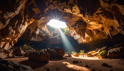 Expansive cave with dramatic light shaft