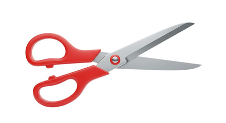 Red handled metal scissors with sharp blades isolated on transparent background