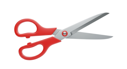 Red handled metal scissors with sharp blades isolated on transparent background