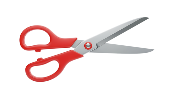 Red handled metal scissors with sharp blades isolated on transparent background