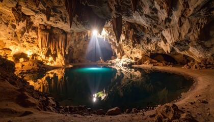 Majestic cavern with a still serene lake