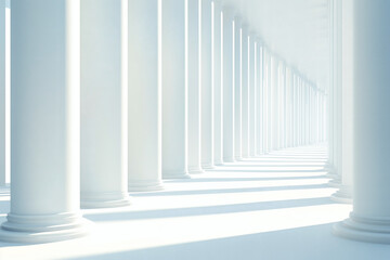 Fototapeta premium A serene corridor of white columns stretches into the distance, bathed in soft light and creating a symmetrical, calming atmosphere.
