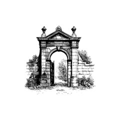 Engraving style illustration of stone arch gate with columns and open door in black and white on transparent background – Architecture vector for heritage guides, garden design layouts, and historical