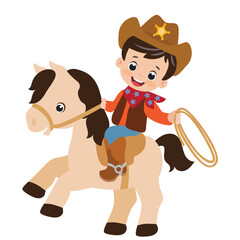 Cute little cowboy riding a horse vector cartoon illustration