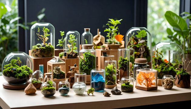 Diverse Collection of Miniature Terrariums Showcasing Plants, Moss, and Unique Designs