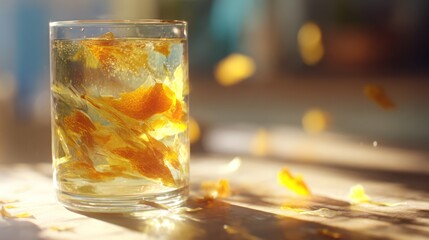 Golden drink in a glass, sunlight bokeh