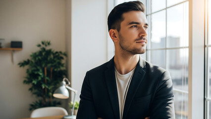 Young male startup founder gazing thoughtfully out window in modern office