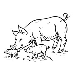 Pig mother feeds piglets. Sketch scratch board imitation.